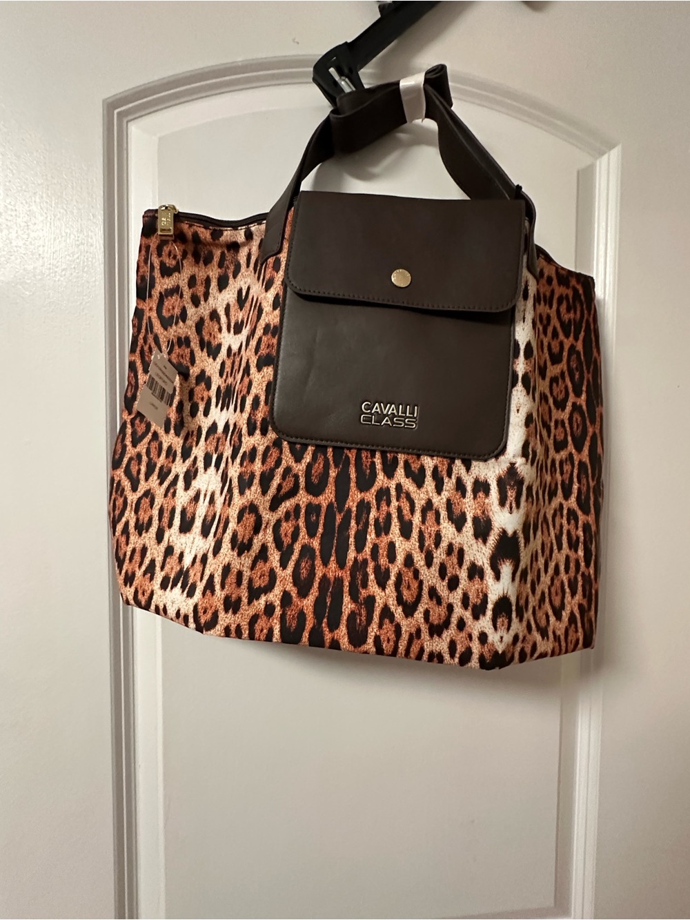 Cavalli Class Leopard-Print Tote with Dark Brown Leather Flap